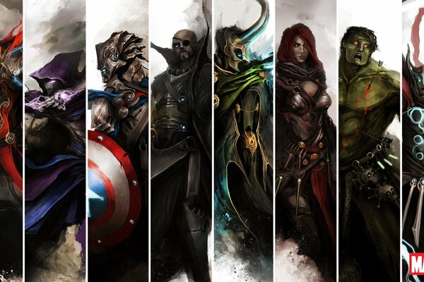 Film Avengers- Iron Man, Thor, Captain America, Black Widow, Hulk, Falkenauge, Nick Fury, Loki