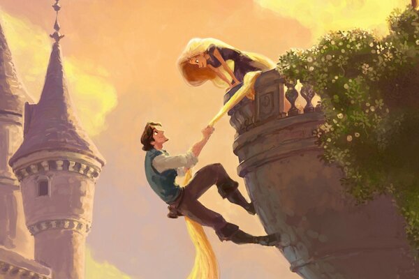 Rampunzel grimpe sur le balcon de sa bien-aimée