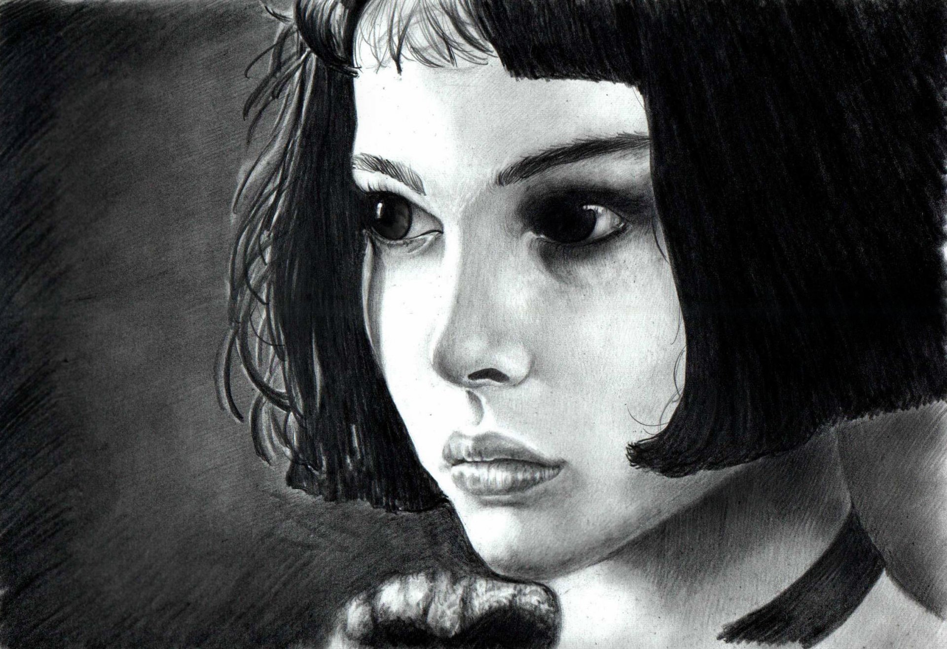 leon natalie portman disegno ragazza matilda bianco e nero capelli sguardo occhi attrice ritratto