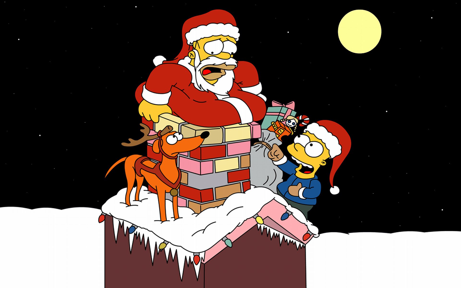 simpsons homer simpson bart noël homer chien trompette situation nouvel an père noël guirlandes neige hiver lune étoiles glaçons cadeaux sac cerf bois moustache barbe costume ventre père noël nuit vacances humeur ho