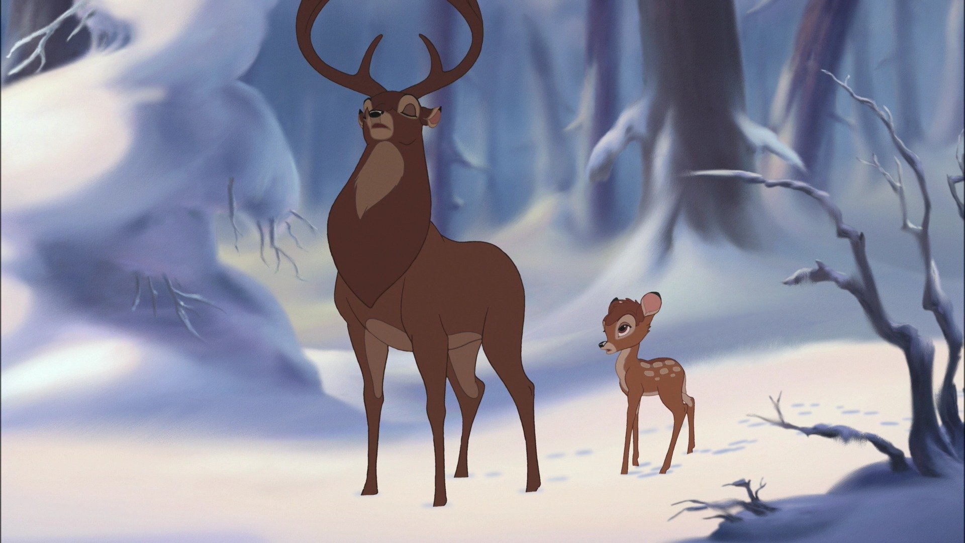 dibujos animados bambi bosque invierno nieve ciervos