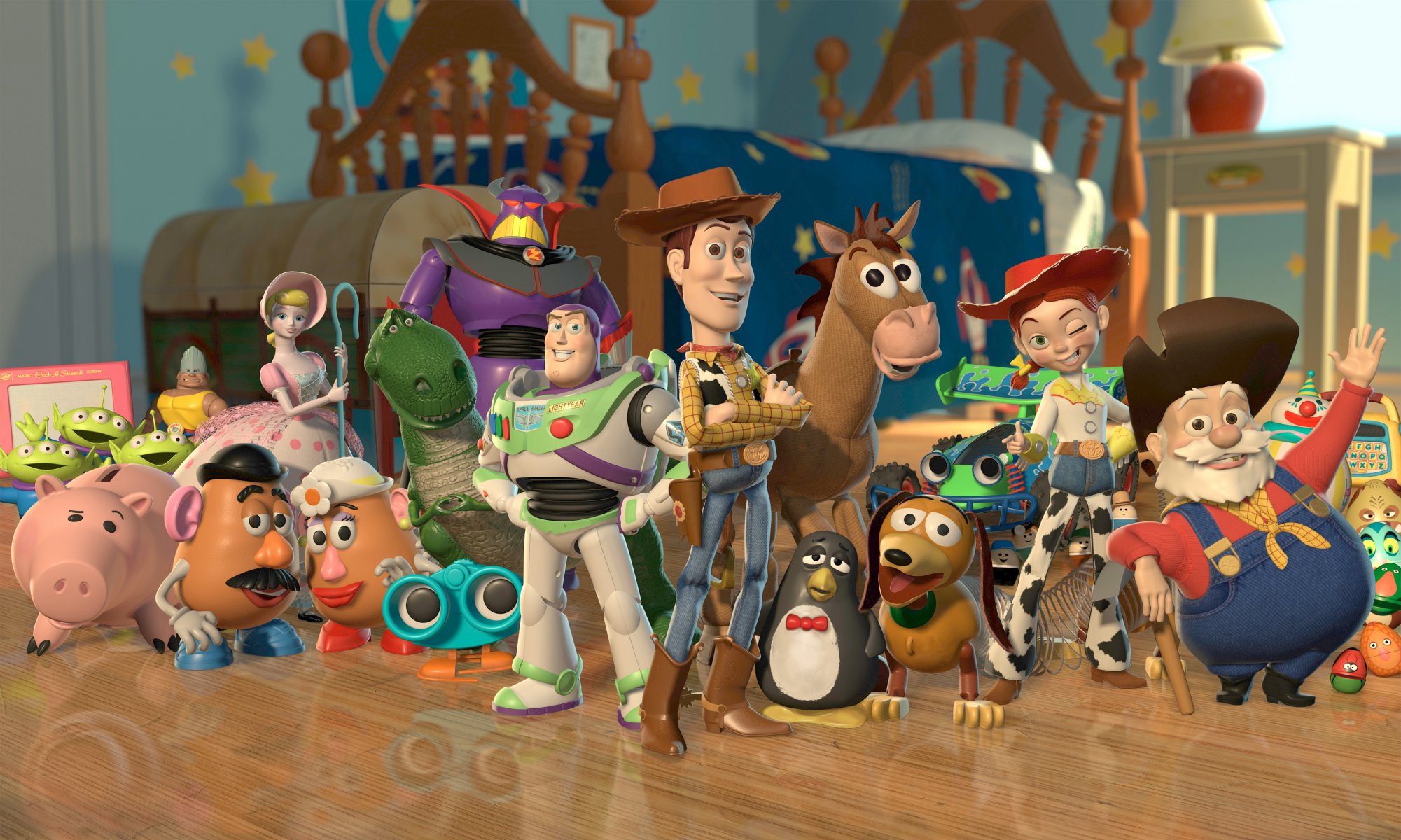 toy story toy story 2 perro primavera espiral extraterrestres caballo bulzai jesse woody vaquero cabeza de patata dinosaurio rex buzz lightyear cerdo hucha hamm