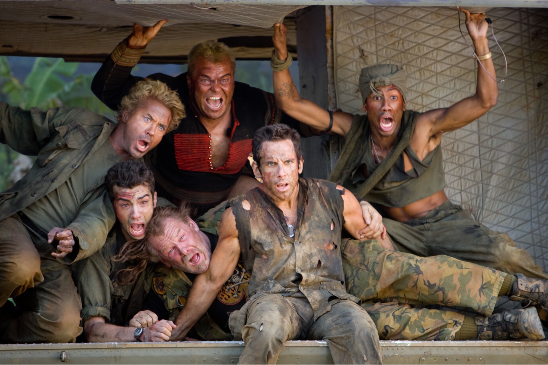 film tropic thunder actors ben stiller robert downey mladschy jack black jay baruchel brandon t.dzhekson nick nolte