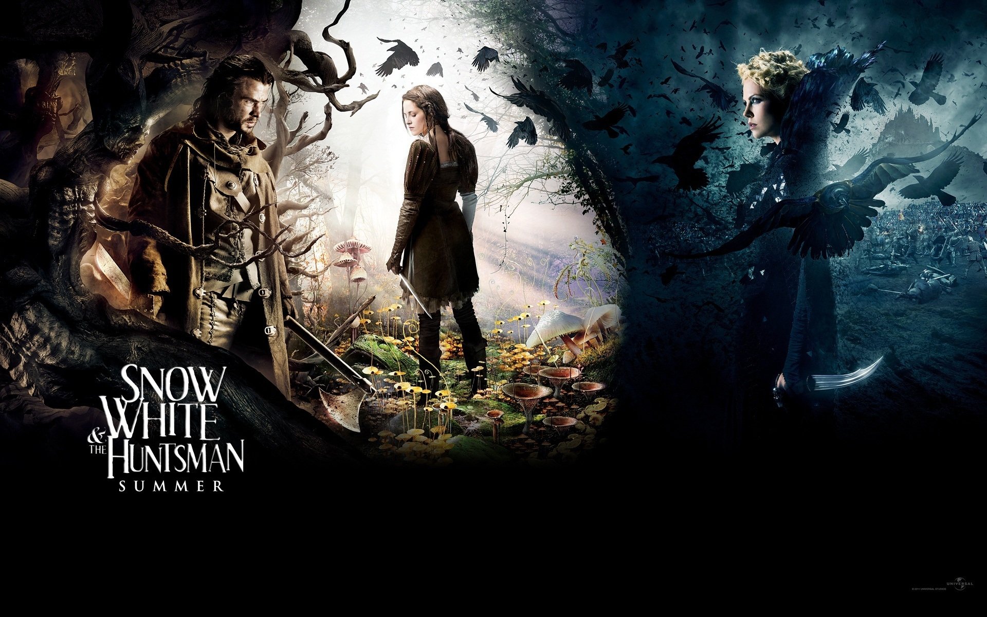 blancanieves y el cazador kristen stewart chris hemsworth charlize theron pájaros cuchillo hacha