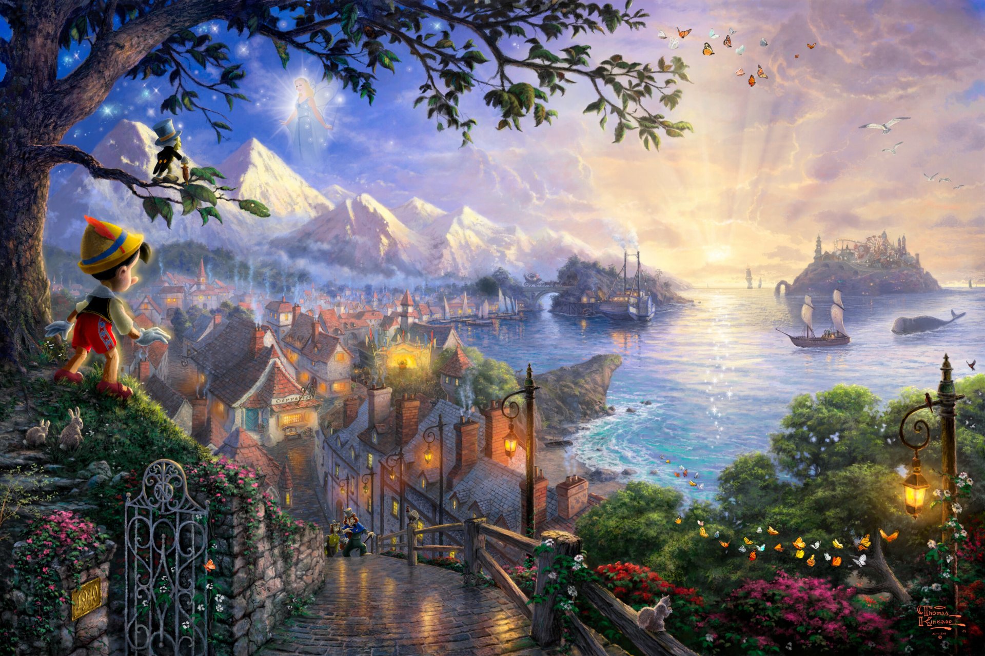 thomas kincaid pinocchio wants a star disney dreams collection 50th anniversary art castle sun bridge lanterns sea sunset flowers fairy tale fantasy pinocchio fairy with blue hair cricket disney art houses m