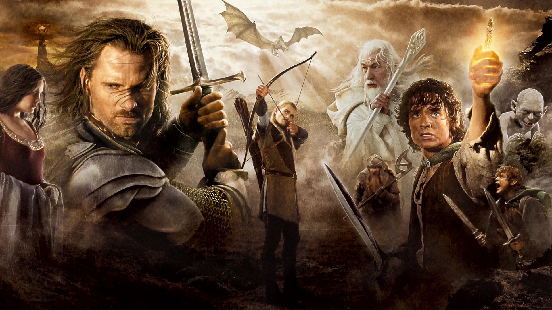 movie movie the lord of the rings frodo elijah wood sam sean astin gollum legolas aragorn viggo mortensen gimli gandalf arwen liv tyler swords oka hobbits humans elves dwarf