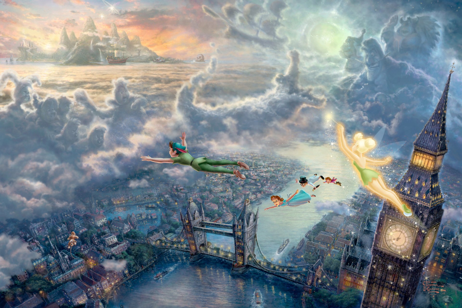 thomas kincaid tinkerbell i peter pan neverland lecieć do disney dream collection 50th anniversary wendy sztuka londyn big ben london bridge zachód słońca morze chmury bajki fantasy disney sztuka most zegar piotruś pan dzwoneczek ding