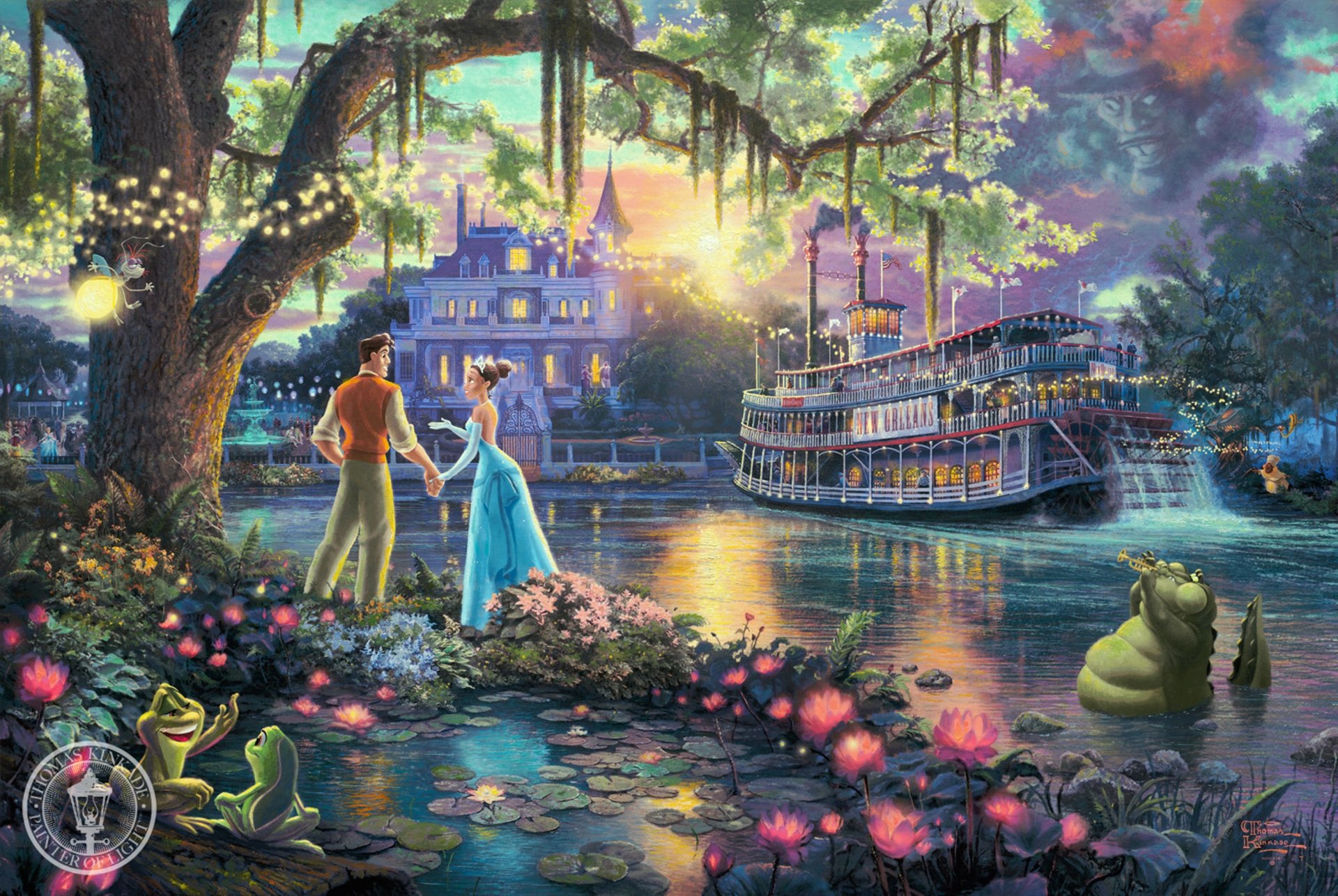 thomas kincaid princesse et grenouille collection de rêves disney 50e anniversaire art soleil coucher de soleil soirée fleurs luciole conte de fées fantaisie disney art rivière bateau à vapeur nénuphars arbres lucioles crocodile