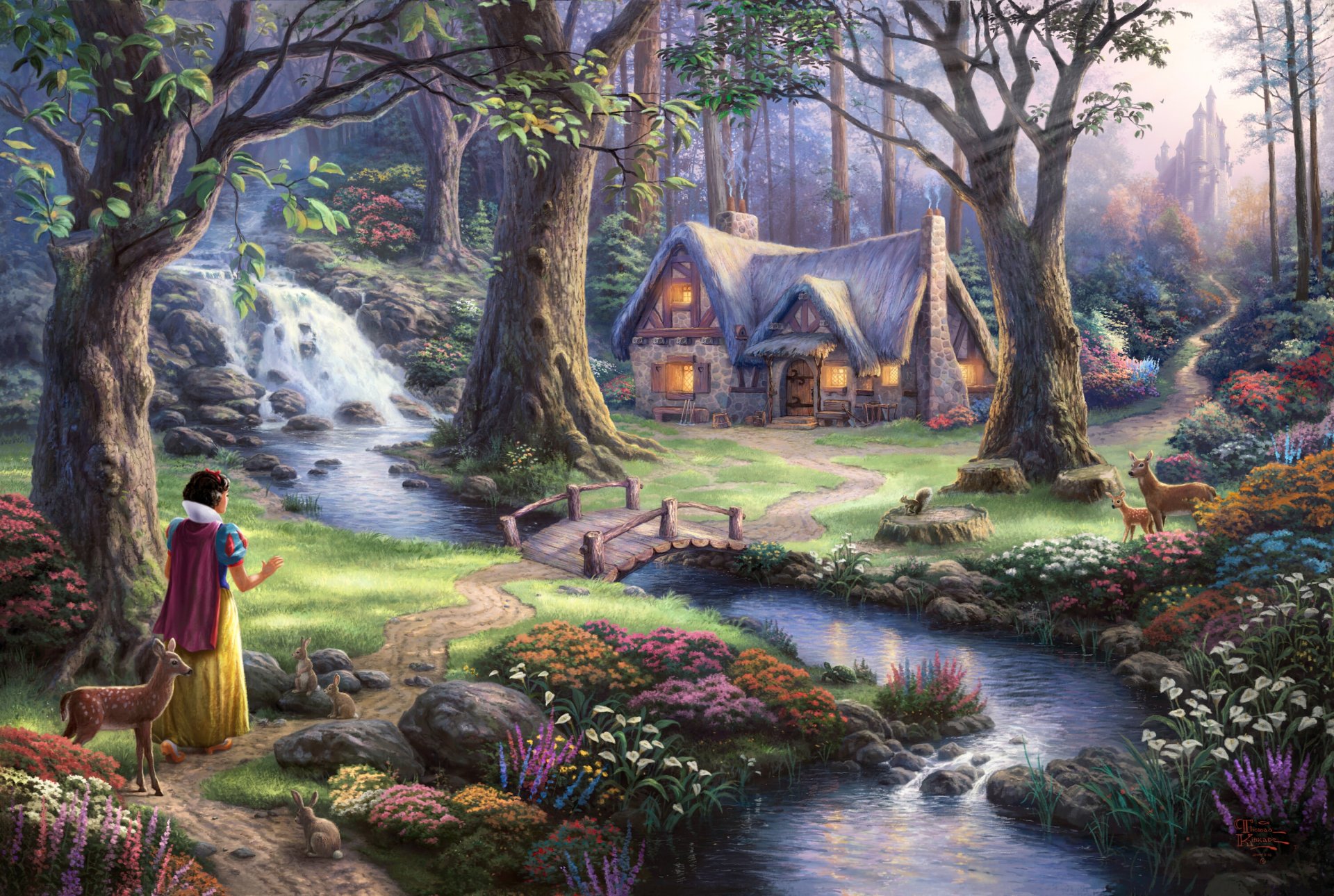 thomas kincaid snow white discovers a cottage disney dreams collection 50th anniversary snow white and the seven dwarfs princess art castle sun bridge waterfall flowers fairy tale fantasy snow white and the 7 dwarfs disney art zamo