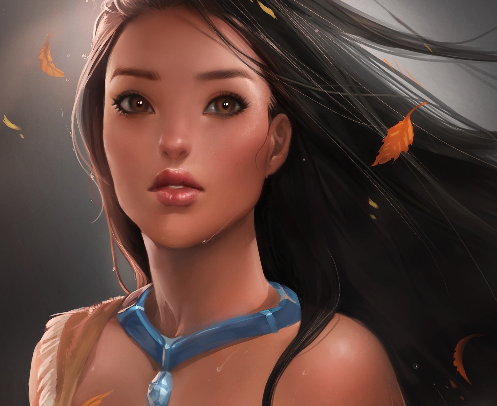 pocahontas sakimichan fille décoration feuilles gouttes vent