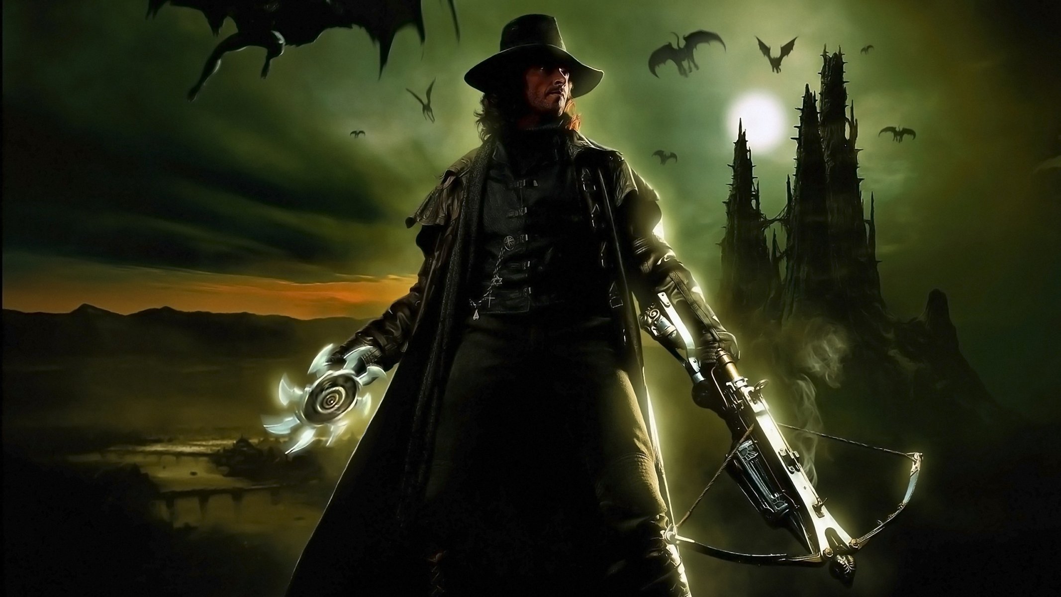 van helsing gabriel hugh jacman hugh jackman männlich schauspieler waffe armbrust kreismesser hut vampire dracula castle nacht mond