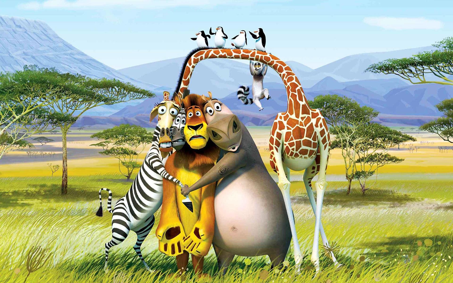 cartoon madagaskar zebra löwe giraffe nilpferd melman gloria alex martin lemur könig julian pinguine wüste bäume berge afrika kavalier rico skipper soldat