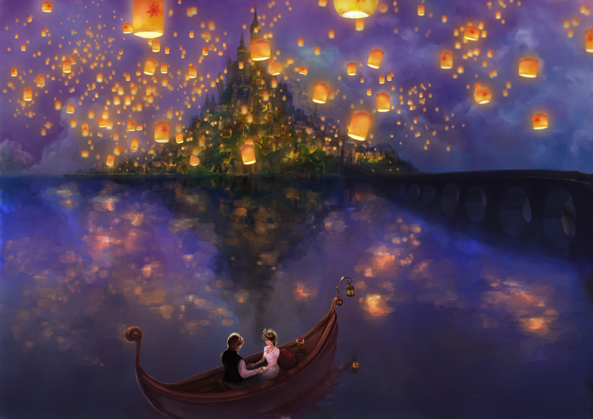 rapunzel: verwirrende geschichte film rapunzel prinzessin fanart flynn boot schloss see brücke laternen liebe märchen pascal verwirrende geschichte boot paar chamäleon palast insel wasser laternen lichter sc