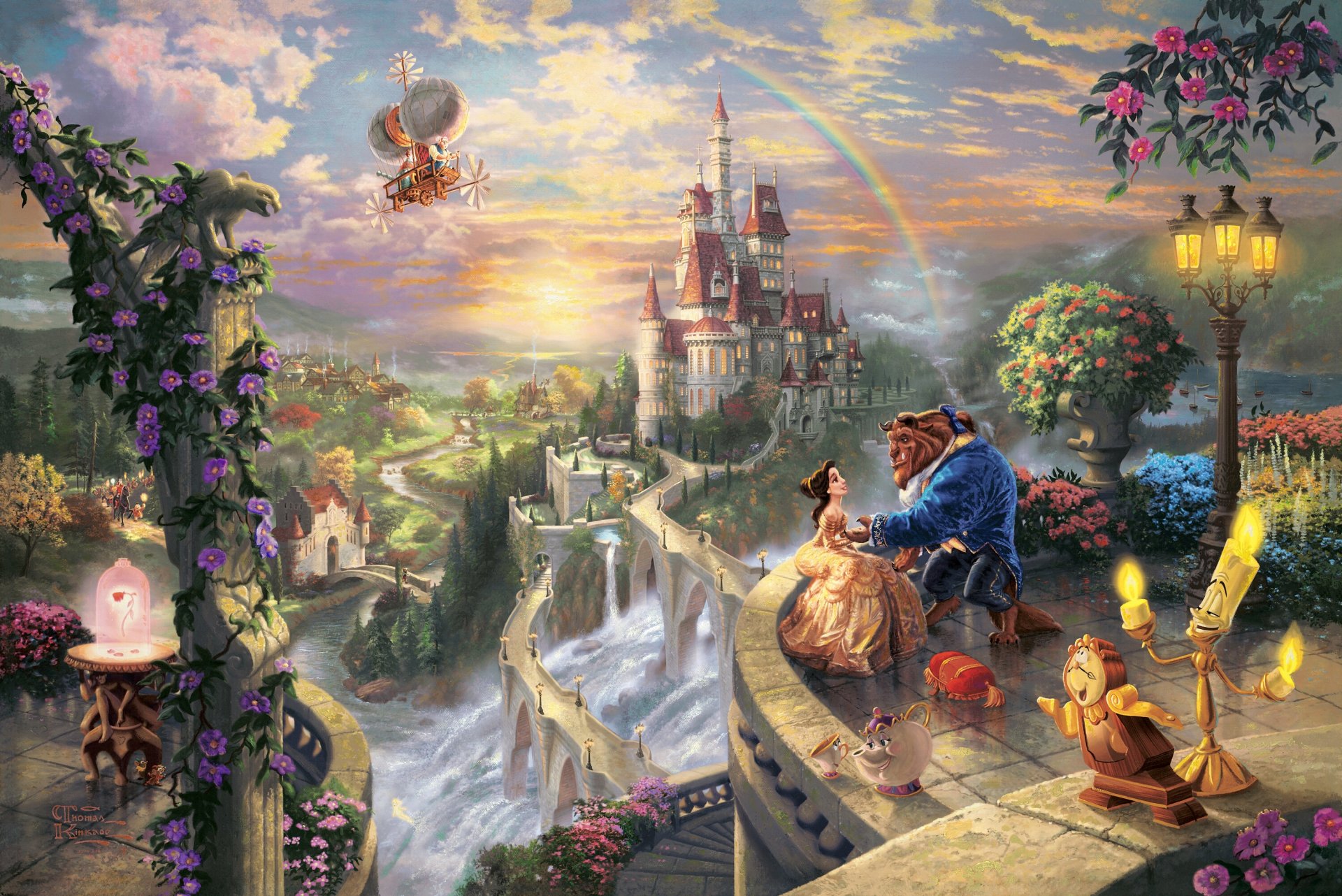 thomas kincaid la bella y la bestia enamorarse de disney sueña colección 50 aniversario belle príncipe arte castillo puesta de sol arco iris cuento de hadas fantasía historia de amor crecido la bella y la bestia belle príncipe disney arte amor pareja balcón lumiere