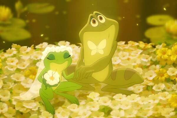 Wedding ceremony of two cartoon frogs in a clearing full of flowers