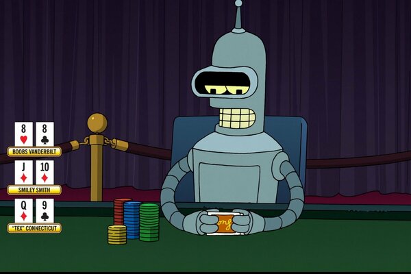 Personaje de la serie animada Futurama robot Bender jugando al póquer