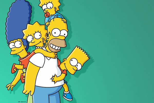 Toda la Familia Simpson en un fondo azul. Homero en primer plano