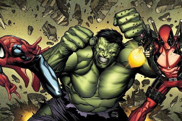 Hulk, Spider-Man and Deadpool in belligerent poses