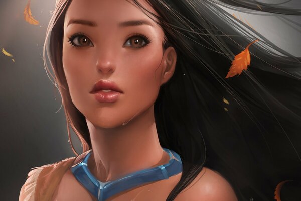 Retrato de Pocahontas con cabello en desarrollo