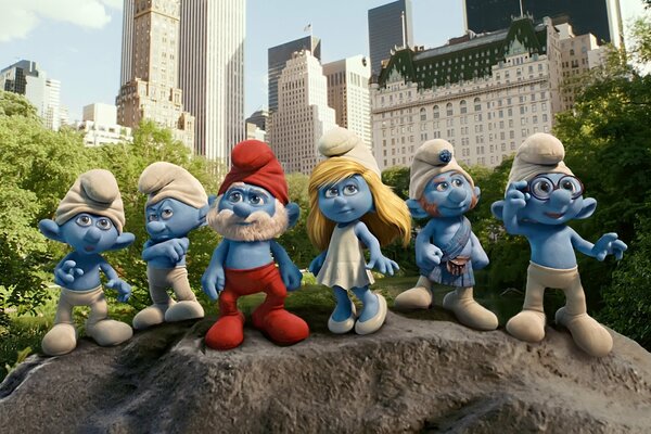 Smurfs team in front of the city