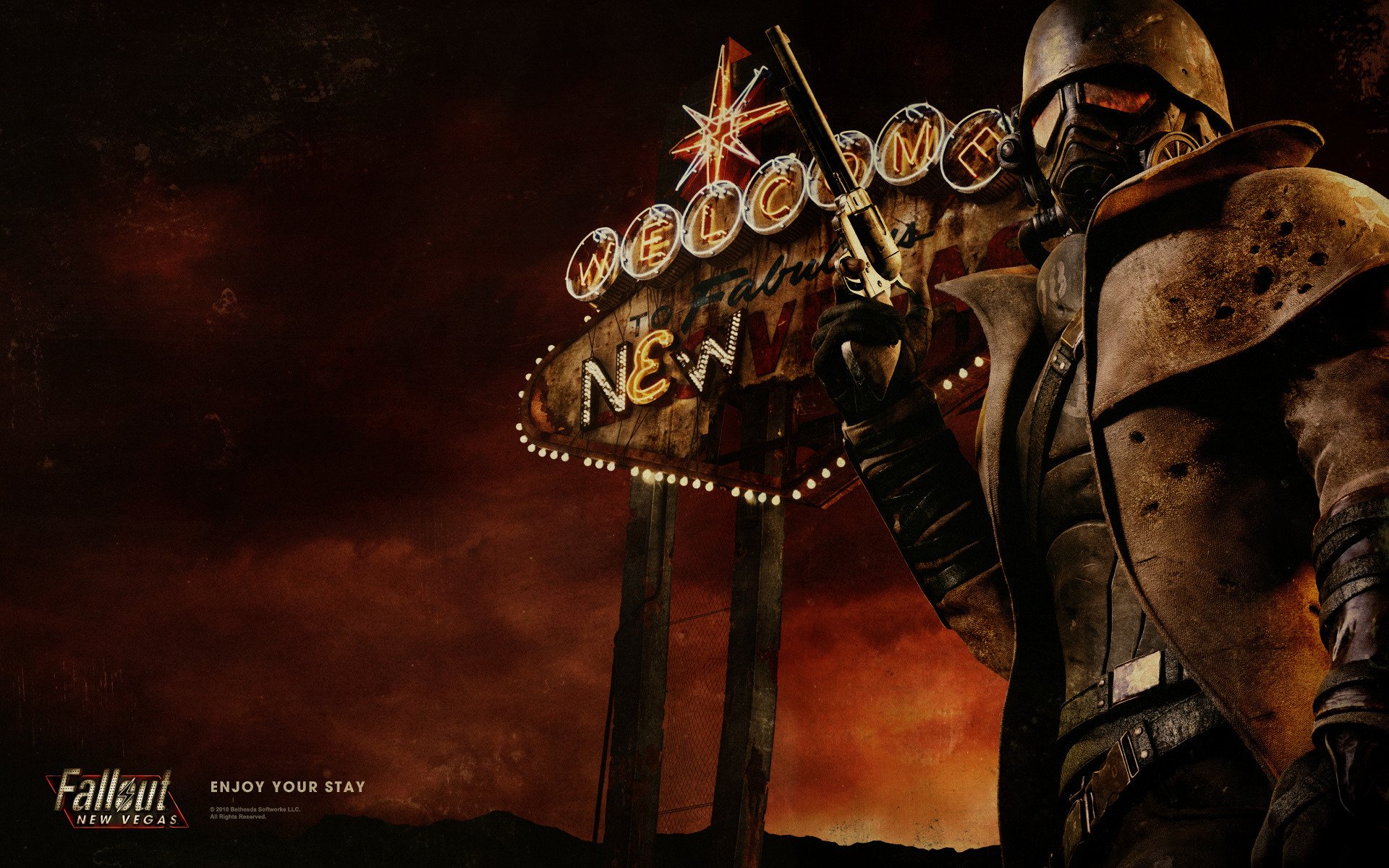 fallout new vegas żołnierz rewolwer neon światła vegas