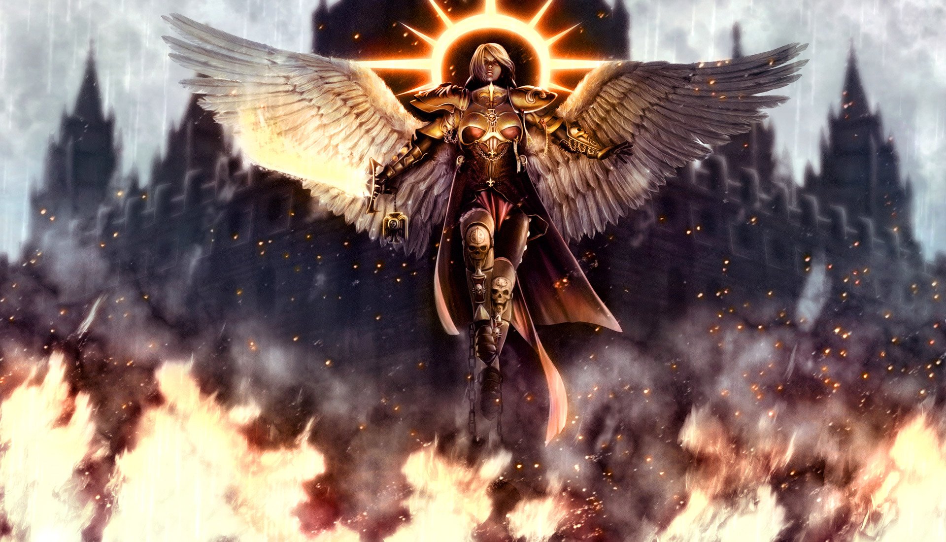 warhammer 40 000 angel wings saint halo fire armor armor cathedral fantasy chains girl sword game martyr