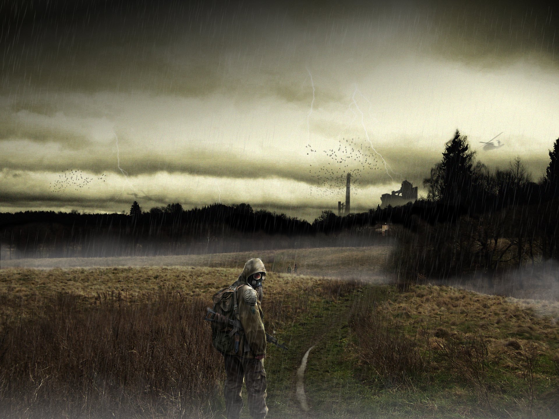 stalker stalker gewitter regen krähen fußweg dunst nebel