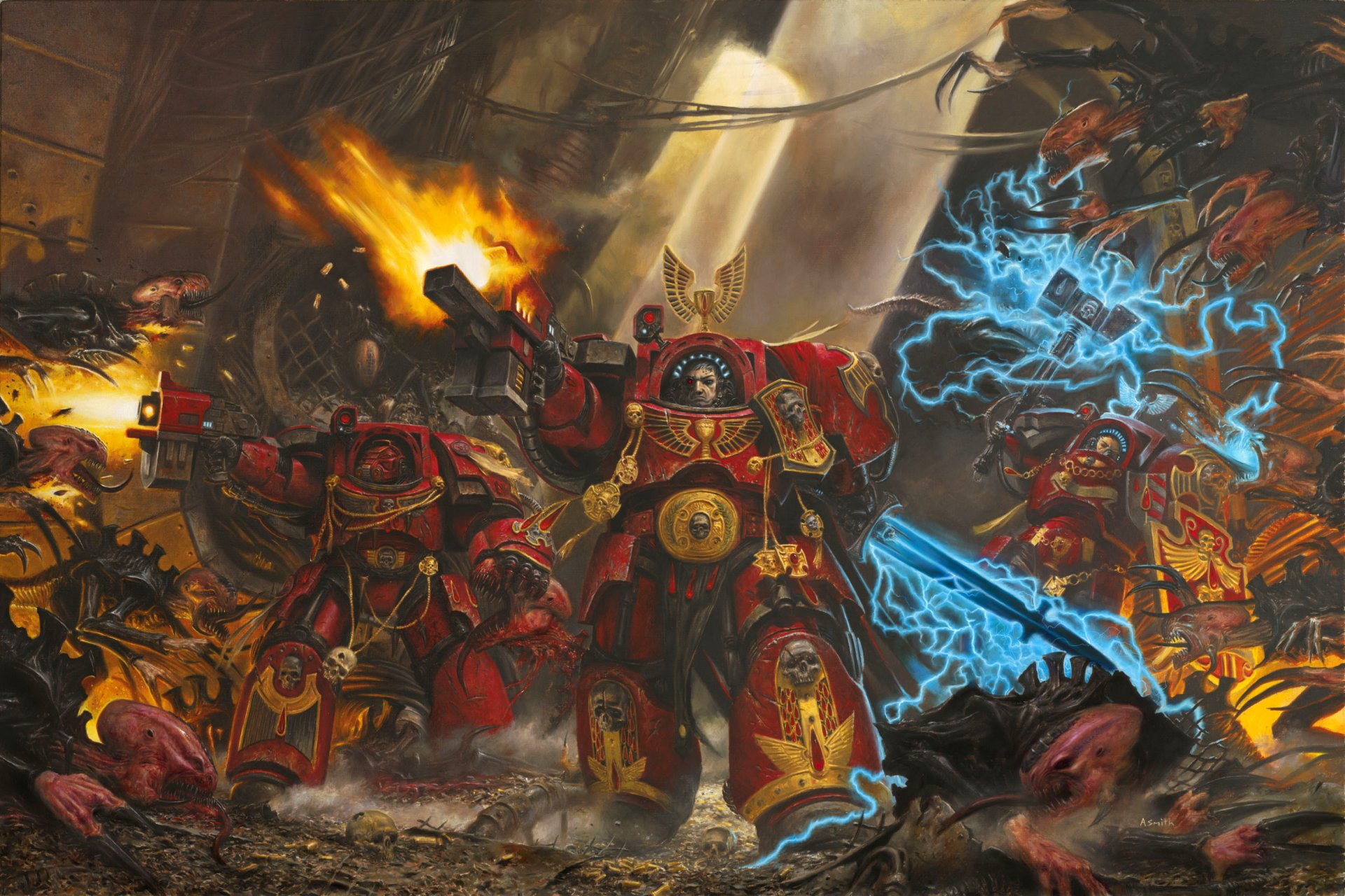 adrian smith spacehulk warhammer 40k space marine sangue angeli sangue armatura terminator tiranidi ladri di geni bolter spada di energia martello scudo