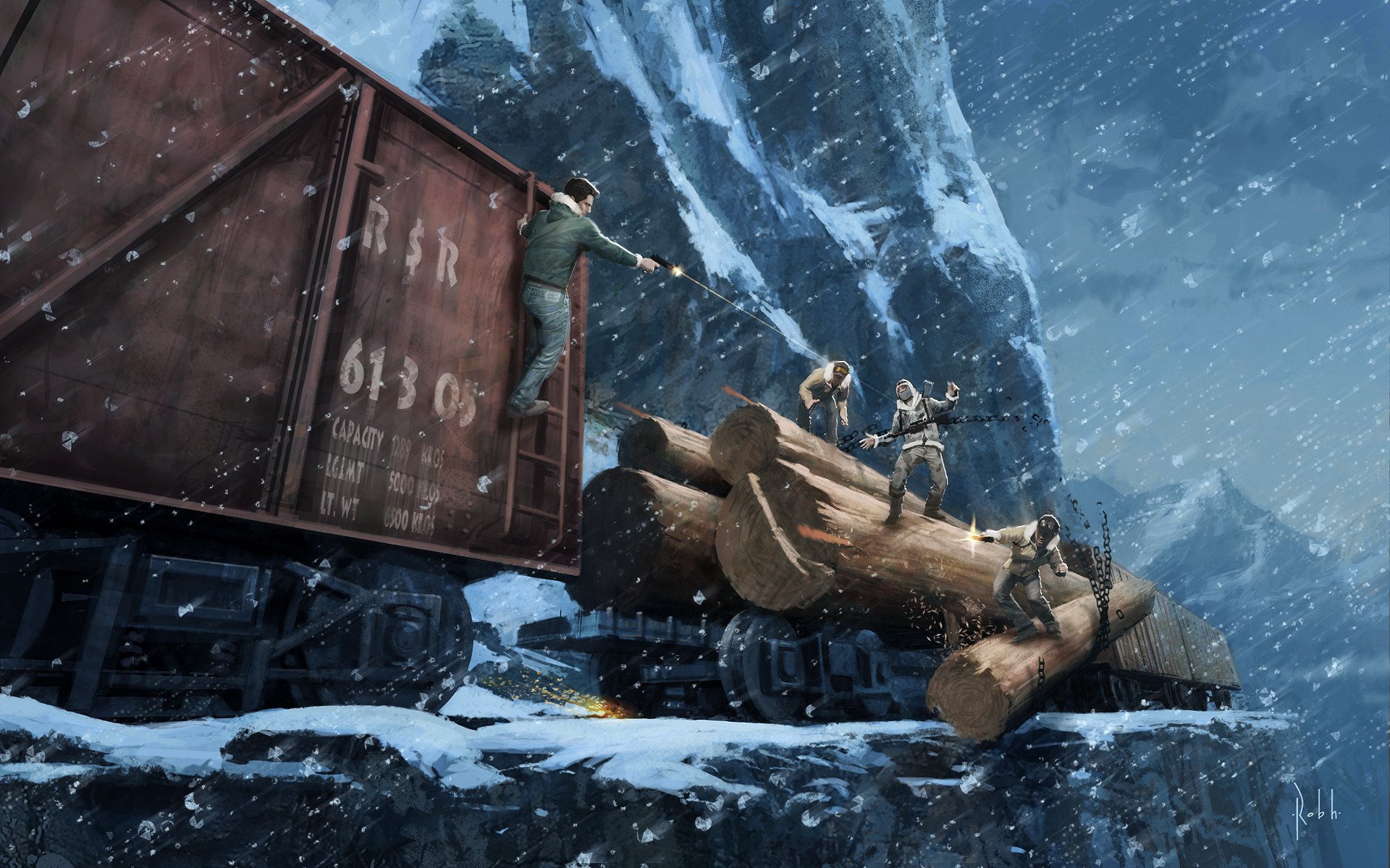 uncharted 2 chase mountain train steel road snow winter shootout