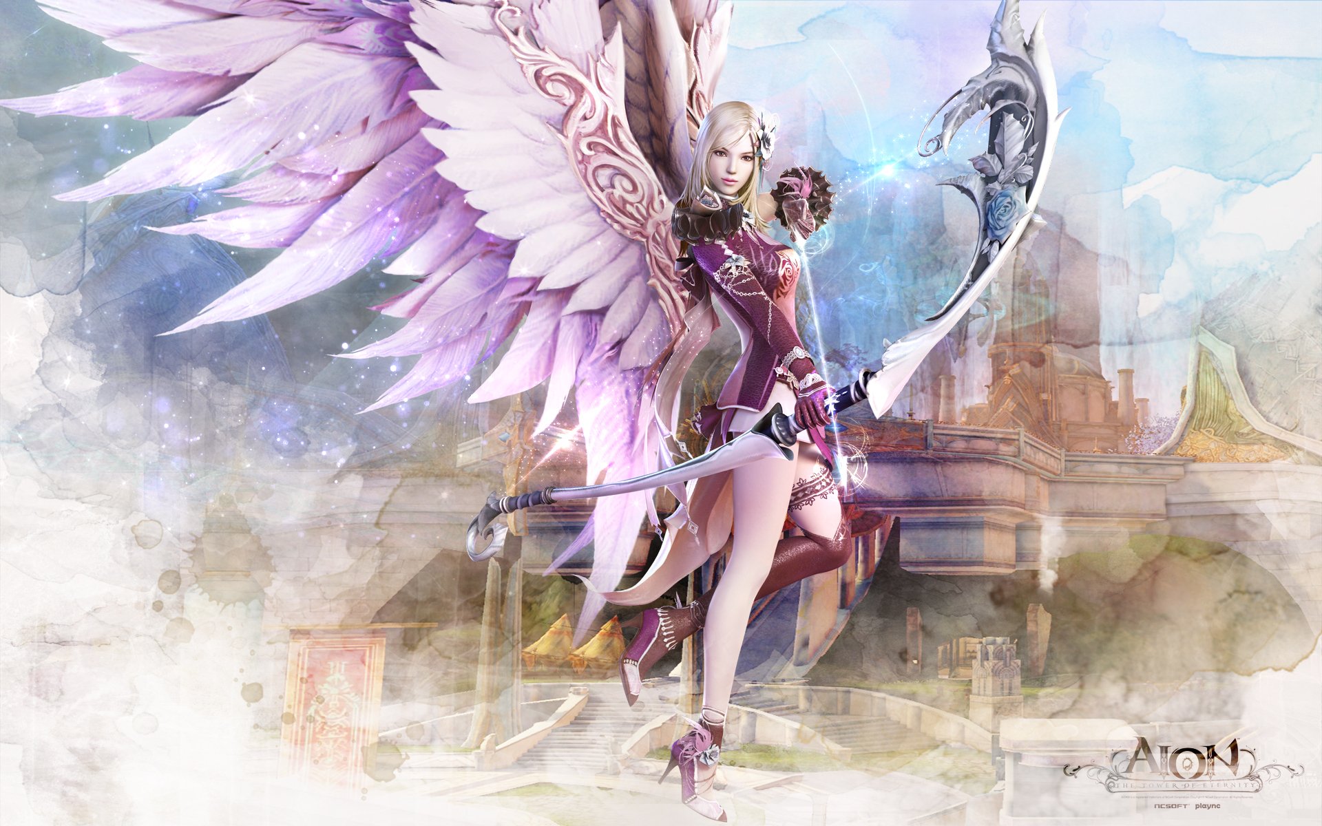 games aion girl wings weapons castle wallpaper