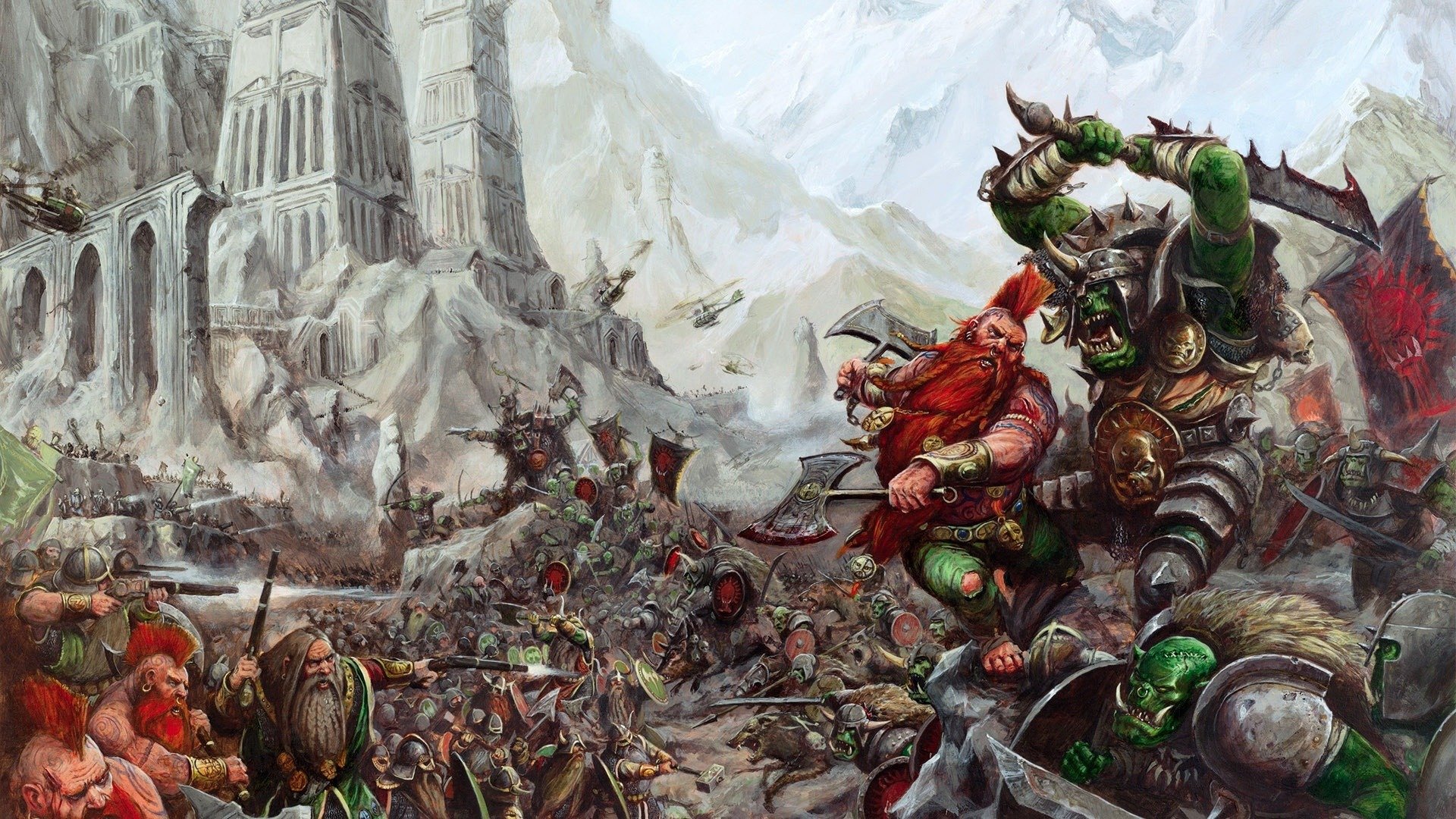 warhammer orki krasnoludy rzeź masakra sieczkarnie siekiery siekiery miecze muszkiety góry zamek