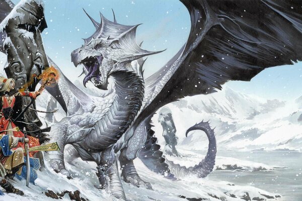 Drache, der Krieger auf einem schneebedeckten Feld besiegt