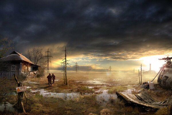 A barren place with a crashed helicopter and an abandoned hut