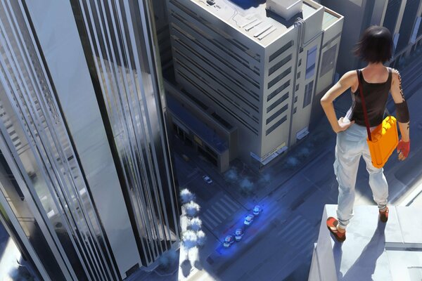 Bild aus dem Spiel Mirrors Edge der Hauptfigur, die an der Klippe steht