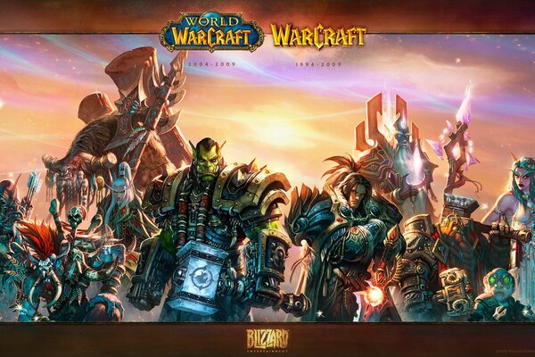 The world of Warcraft, orcs, humans, dwarves, elves on the background of the starry sky