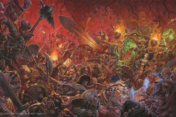 Art du monde Warhammer. La bataille des démons, des soldats, des méchants, des hérétiques