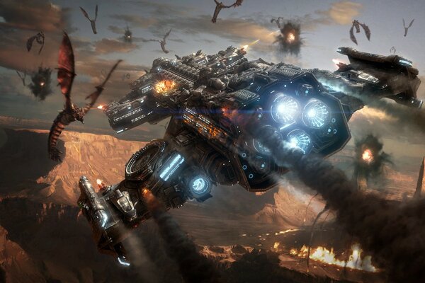 Los zerg atacan a un crucero de batalla en el juego starcraft2