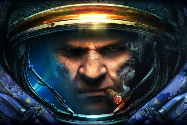 Starcraft, ein Mann mit einer Zigarette in den Zähnen im Raumanzug auf schwarzem Hintergrund