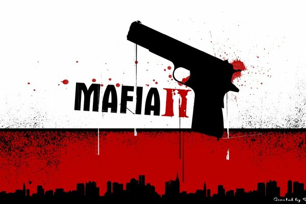 Fondos de pantalla para el juego Mafia 2, que muestra la inscripción del juego y la pistola sangrienta