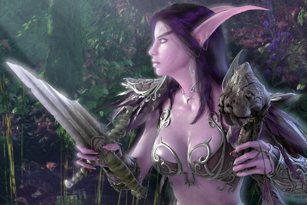 Fantasy image of an elf with a sword fragment in her hands