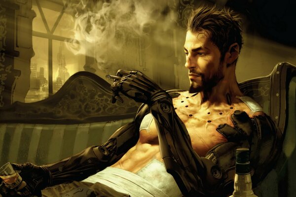 Personaggio meditabondo del gioco deus ex 3 con una sigaretta in mano