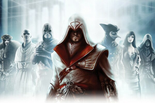 Haupt vor dem Hintergrund der Nebenfiguren aus Assassin s Creed