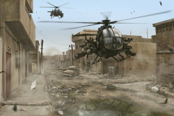 Fighters disembark from a helicopter in a ruined city