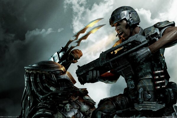 Infantryman vs predator against a moach sky background