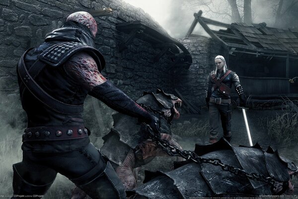 Witcher battaglia con la spada nella nebbia