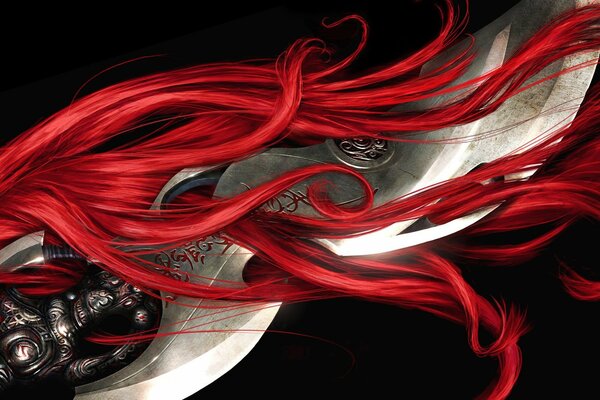 Heavenly sword and red strands of hair on a black background