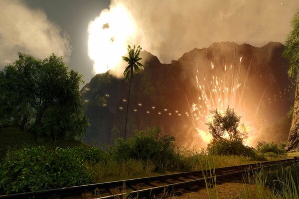 Explosion in der Nähe der Eisenbahn. Das Glühen des Feuers