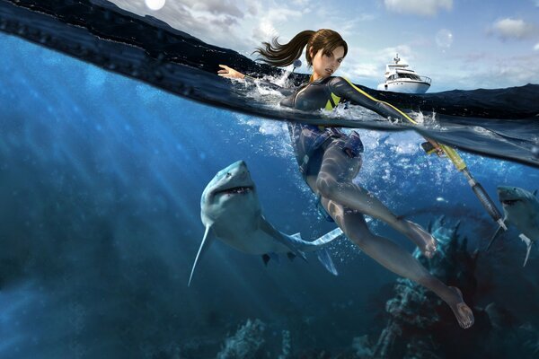 Tomb raider se Bat avec un requin et sur le fond d un yacht