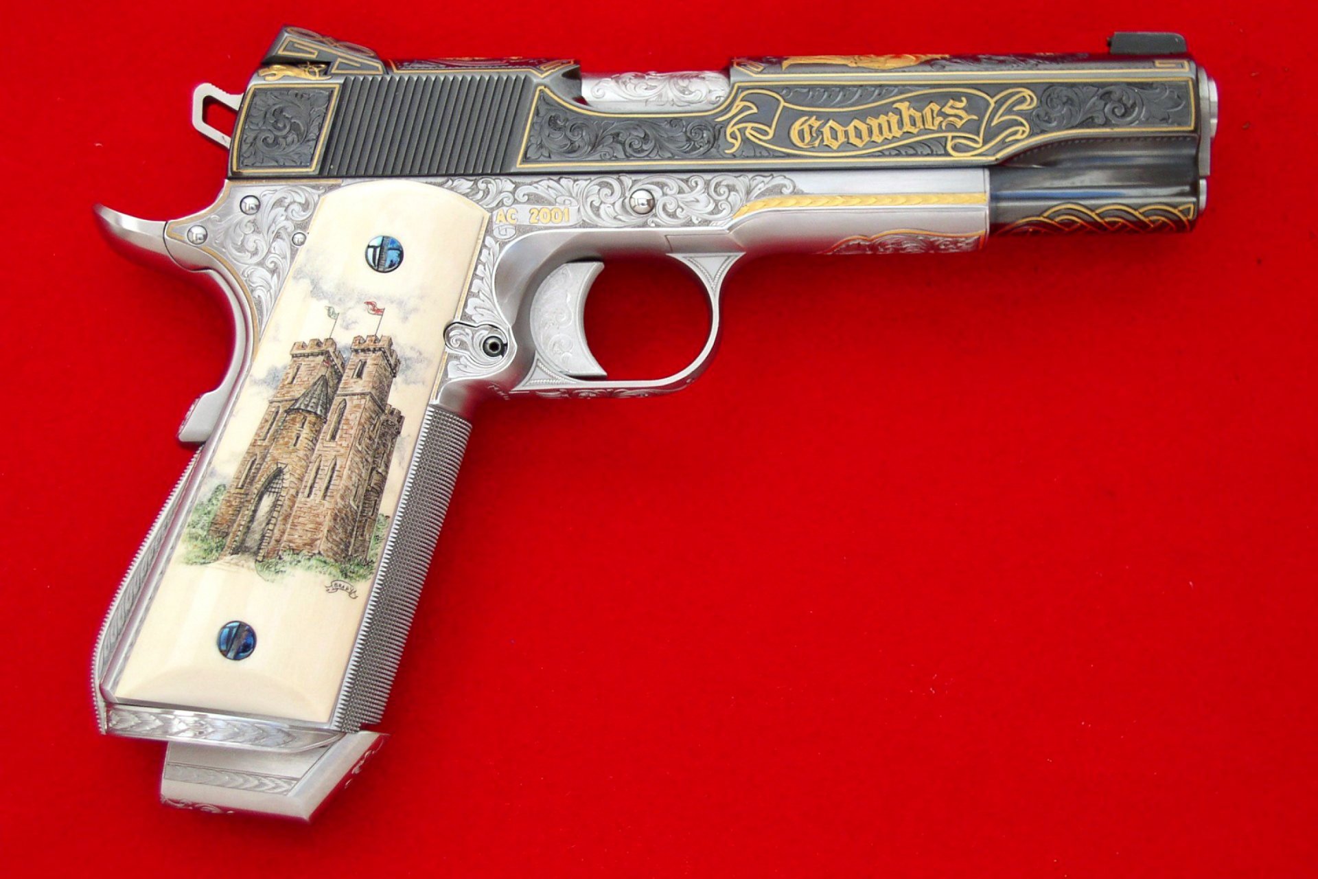 pistolet samozaładowczy colt m1911-ooo osle colt broń m1911 1911 czerwone tło inkrustowane rękojeść kość złocenie szykowny prezent opcja automatyczny niestandardowe broni ustawienia złoty kaliber 11.4