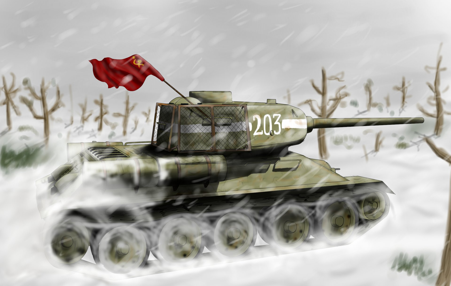 sowjetisch mittel tank t-34-85 banner udssr weltkrieg schnee winter schneesturm kunst zeichnung